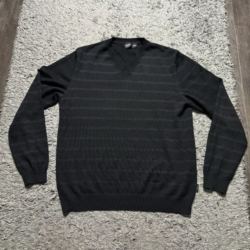Hugo Boss Sweater Mens Large Black Pullover V Neck Long Sleeve Virgin Wool